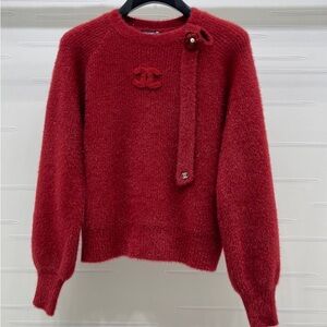 CHANEL Scarlet Crew Neck Sweater with Buttoned Tie